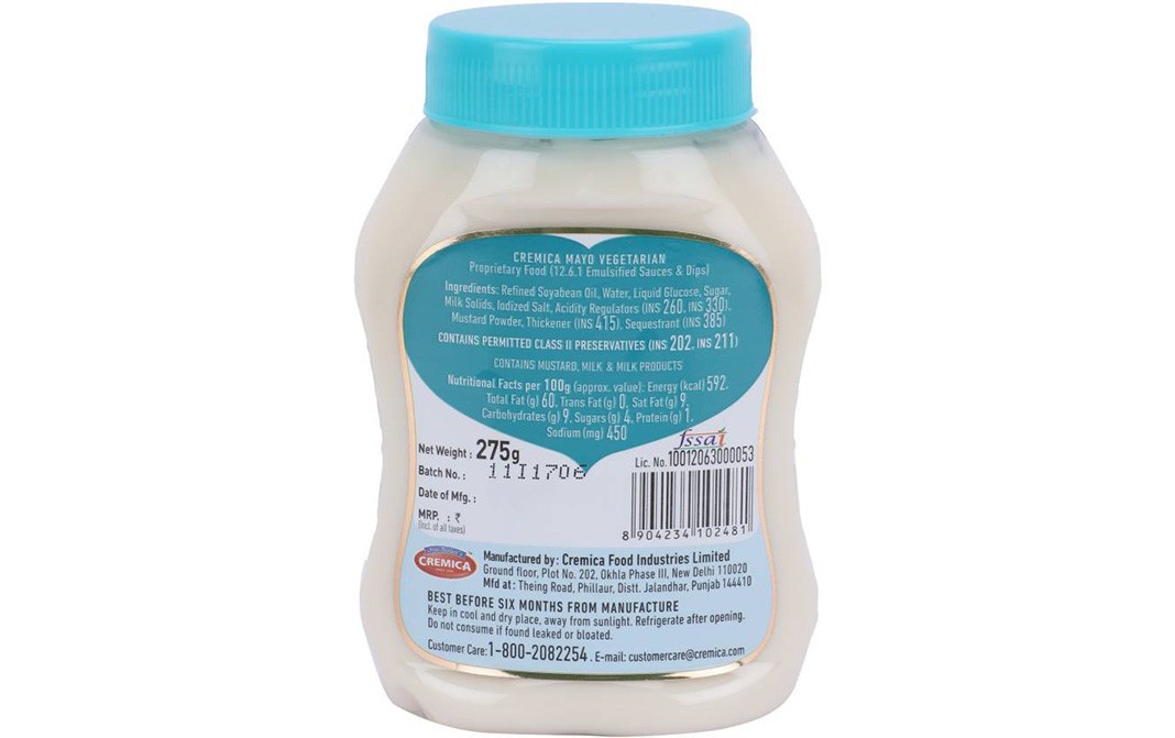 Cremica Mayo Vegetarian   Plastic Jar  275 grams